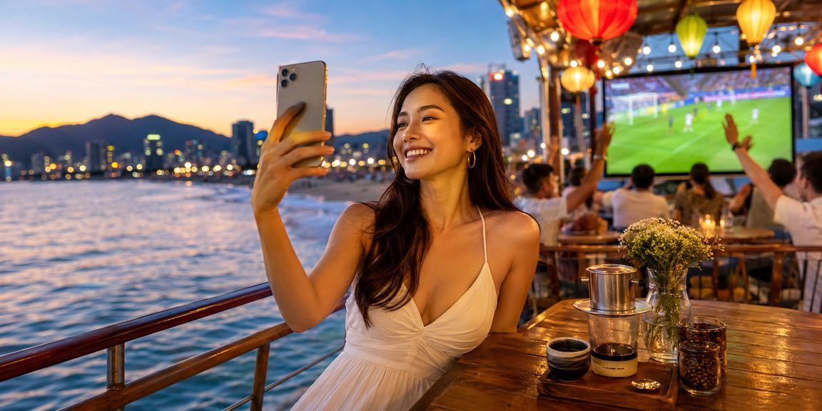 Không khí cà phê cuối tuần tại Đà Nẵng — người dùng thư giãn và duyệt danh mục trò chơi trực tuyến