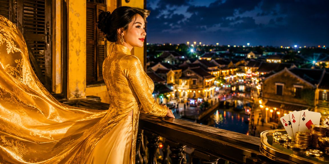 Không gian Hội An truyền thống với người mặc áo dài tham gia trò chơi bài, gợi cảm hứng về jackpot và giải thưởng online