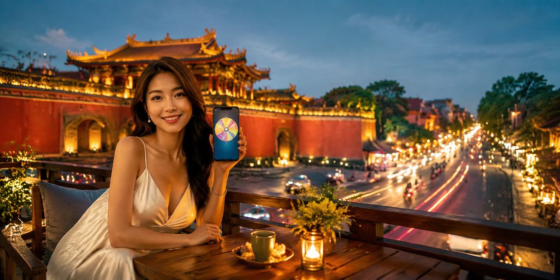 Không gian cà phê Huế yên tĩnh, người dùng tìm hiểu thông tin roulette và jackpot trực tuyến trên laptop