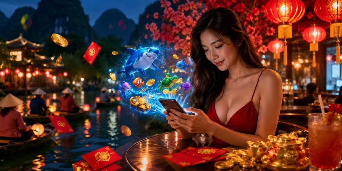 Khung cảnh chợ đêm Ninh Bình với trò chơi bắn cá và không khí giải trí về đêm